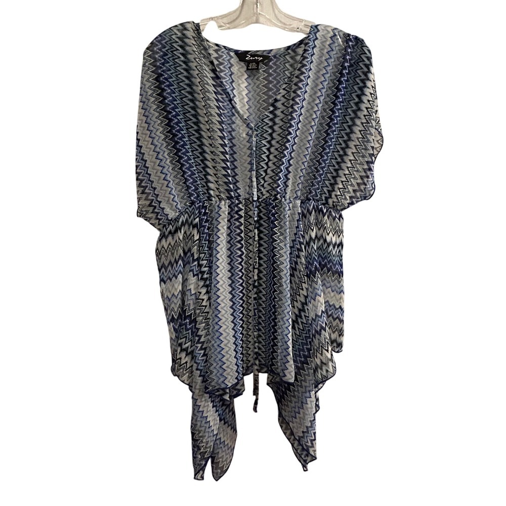 Zuny Women's L XL Blue‎ Chevron Zig Zag Print Kimono Kaftan Cover Up